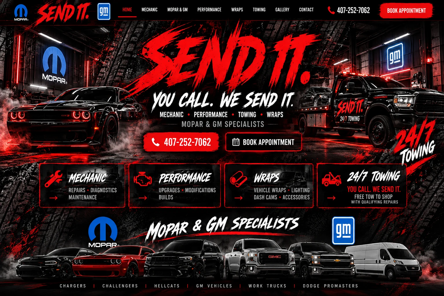 SEND IT automotive website design featuring a black performance muscle car, a tow truck, Mopar and GM branding, and our service lineup